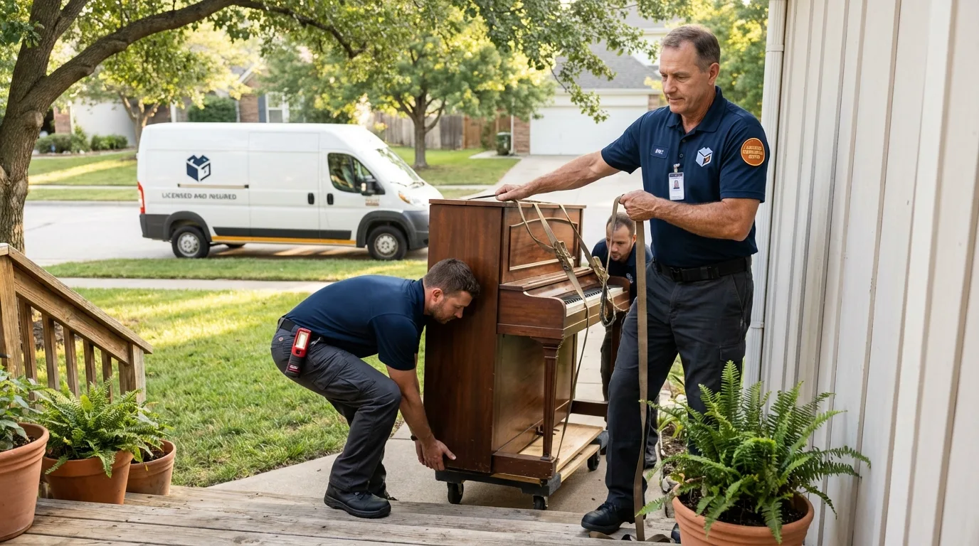 Licensed piano movers securing grand piano in Westminster, SC